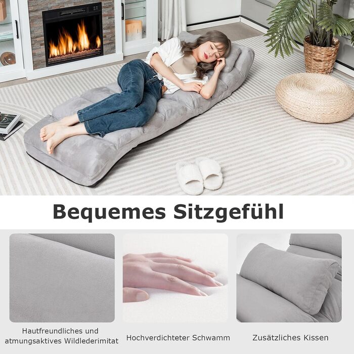 Складаний реклайнер, підлогове крісло з регульованою спинкою, шезлонг з функцією сну, підлоговий диван, підлогове крісло для ігор, сну, читання, сірий