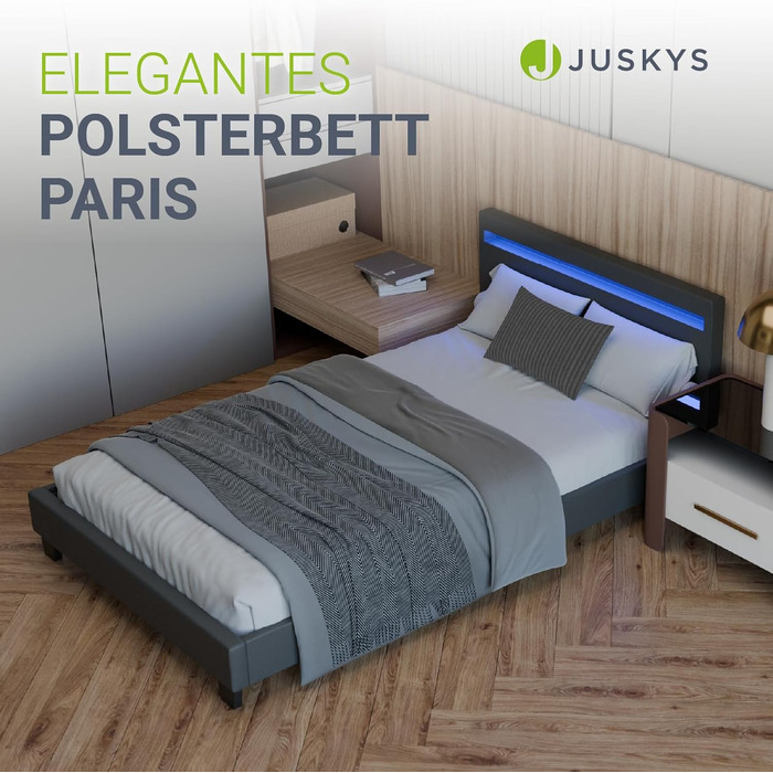 Ліжко Juskys Paris з м&39якою поверхнею 120x200 см - Каркас ліжка зі світлодіодним освітленням, рейковою основою та матрацом - сірий - штучна шкіра - Односпальне ліжко, дитяче ліжко, темно-сірий 120 x 200 см