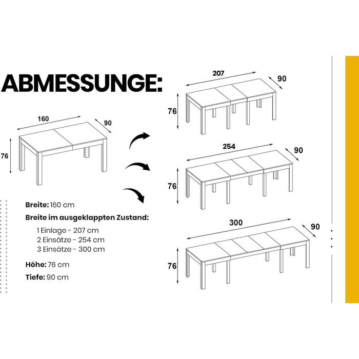 Великий, практичний стіл MPS WENUS 160-300x90x76см Дуб Craft Black Обідній стіл на 4-12 осіб з розсувною стільницею до 300 см Сучасний дизайн Прямокутний стіл