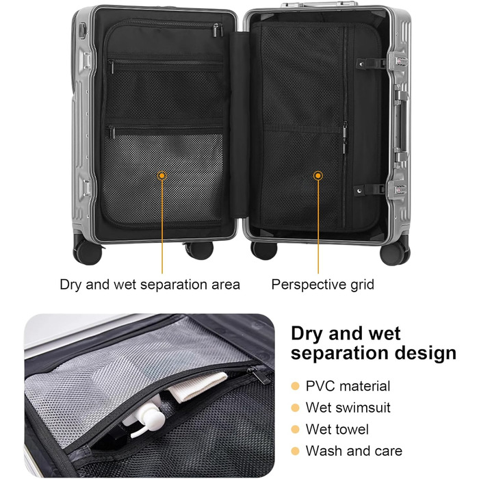 Ручна валіза на весну/літо, схвалена авіакомпаніями, із замком TSA, колесами на 360, твердим корпусом з полікарбонату та стійкою до тиску алюмінієвою рамою, підходить для валіз розміром 20&quot, 24&quot та 26&quot. (20&quot, сріблястий) сріблястий 20&quot