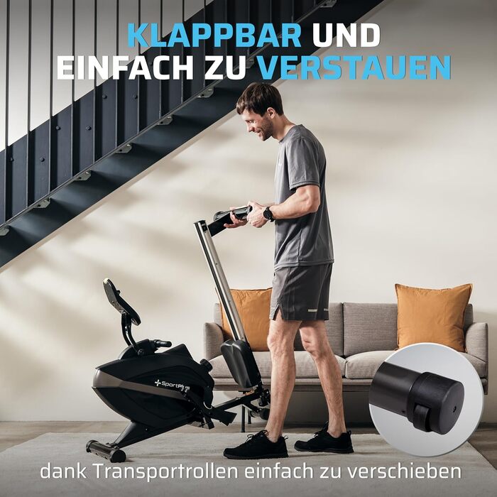 Складаний гребний тренажер SportPlus для домашнього використання - Розроблено в Німеччині - Для початківців та досвідчених користувачів - Гребний тренажер з магнітним опором, надзвичайно тихий, складний та компактний, до 150 кг, чорний/сірий - Сумісний із