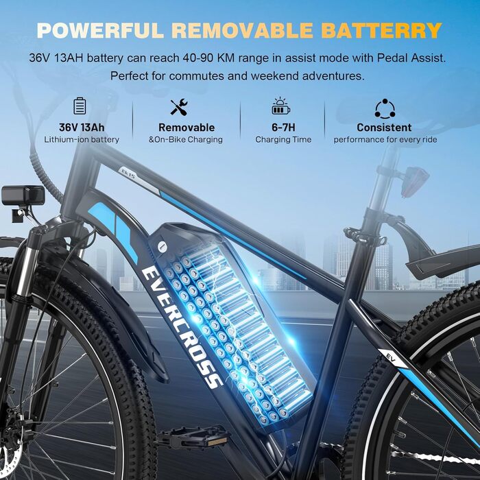 Електровелосипед EVERCROSS EK15 для дорослих, 27,5-дюймові електровелосипеди - додаток, двигун 250 Вт, акумулятор 36 В 13 Аг, 15/20/25 км/год, 7-ступінчаста коробка передач, міський електричний гірський велосипед для унісекс, чорно-синій