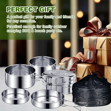 Набір посуду для кемпінгу зі сталі 304 каструлі, сковорода та портативний столовий набір для пікніків, походів та подорожей