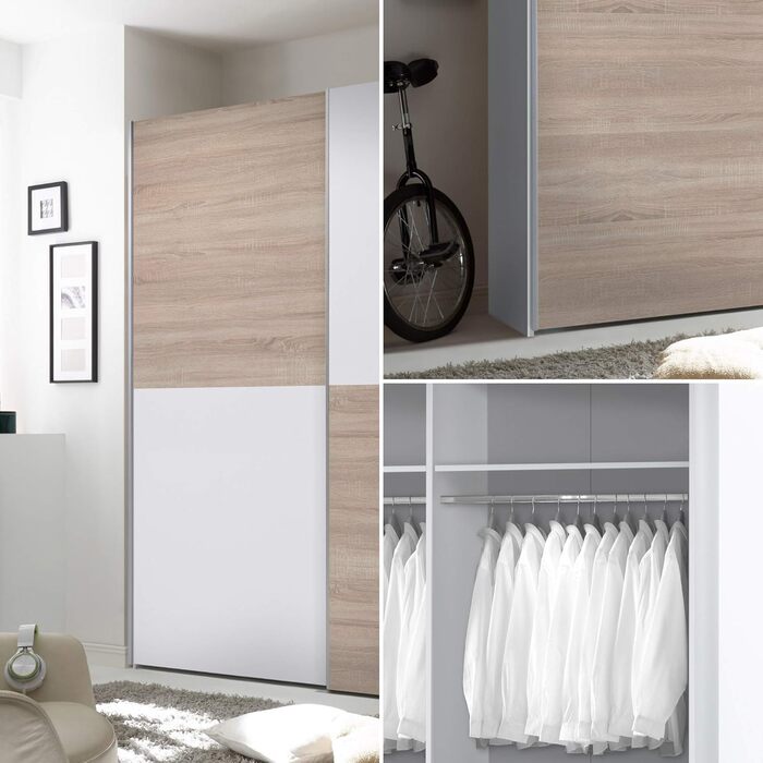 Елегантна шафа з великою кількістю місця для зберігання - Універсальна шафа з розсувними дверима білого кольору, візерунок шахова клітинка з дуба сонома - 170 x 195 x 58 см (Ш/В/Г) Ширина 170 см Білий / Дуб сонома, шахова клітинка