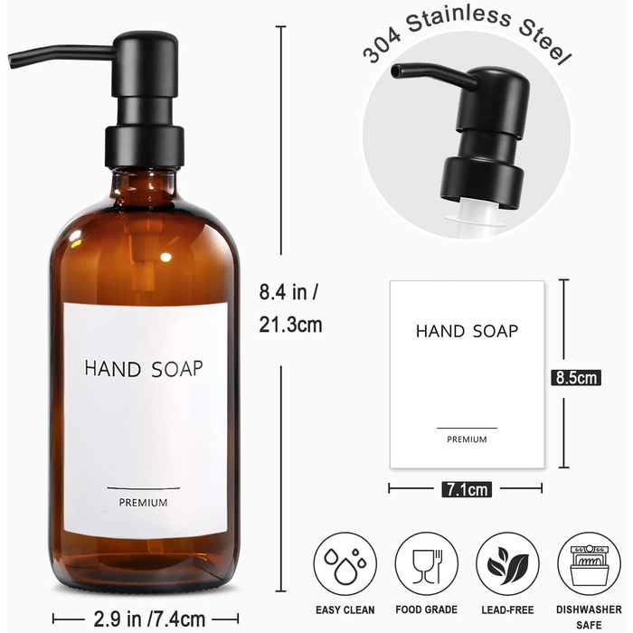 Дозатор для мила скляний, дозатор для мила 500 мл коричневого кольору з насосом з нержавіючої сталі, набір твердих дозаторів для м