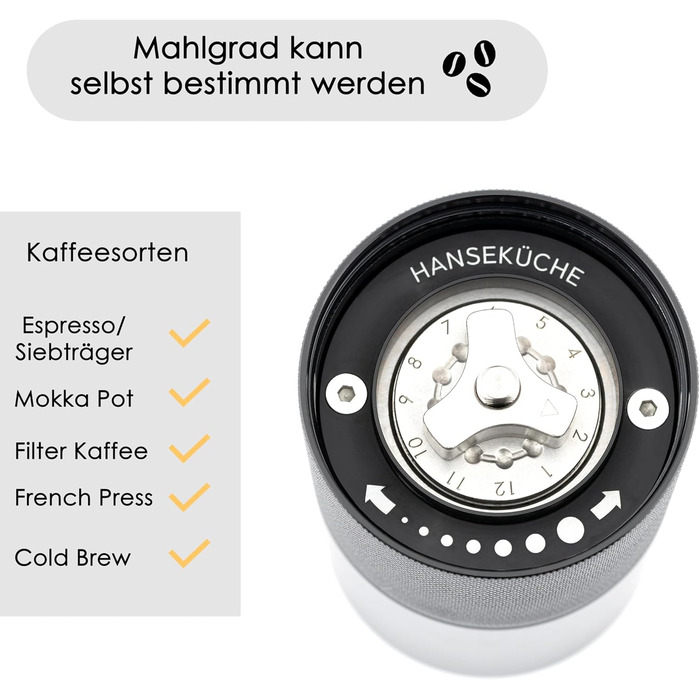 Ручна кавомолка Hansekche - Високоякісна ручна кавомолка з нержавіючої сталі з регульованим помелом - Професійний аксесуар для кав