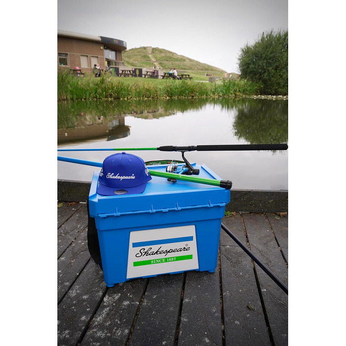 Коробка для сидіння Shakespeare дуже водостійка, велика місткість для зберігання снастей подвійний механізм блокування, надзвичайно глибока кришка для солоної та прісної води, синій колір