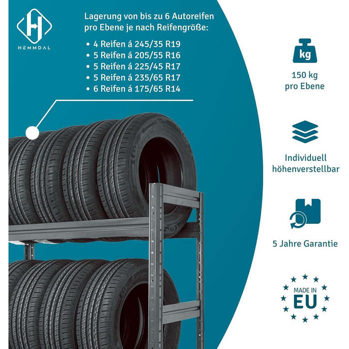 Стійка для шин - вантажопідйомність 450 кг - ВxШxГ 177 x 120 x 50 см - Міцна стійка до 18 шин - Графітово-сірий колір - Зроблено в ЄС - Міцна стійка для дисків для гаража, підвалу, складу та майстерні