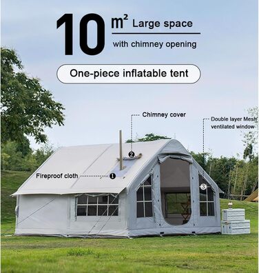 Зимовий надувний намет-будиночок XXL, сімейний намет на 6-8 осіб, надувний кемпінговий намет з насосом, 4-сезонний розкладний намет, великий XXL намет для вулиці з димоходом, сірий, 385x260x200 см