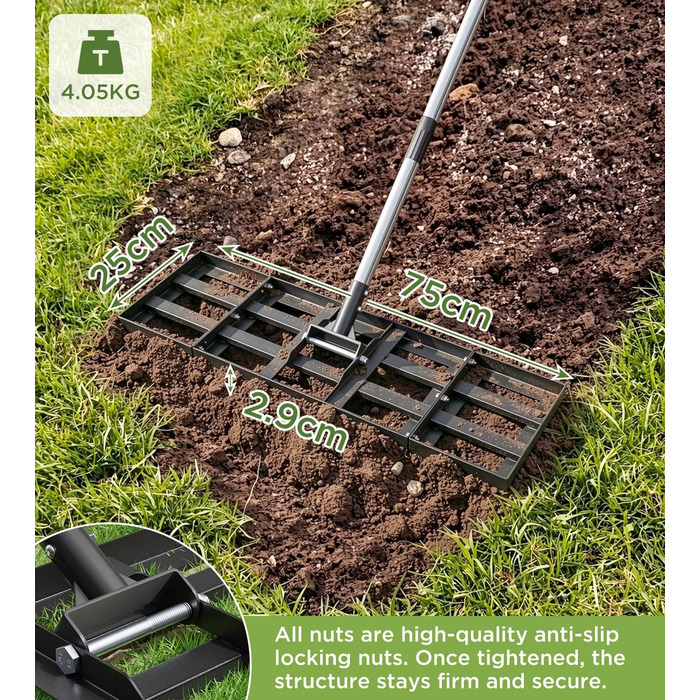 Вирівнювач для газону 75x25 см з регульованою ручкою, граблі-рівняльник з нержавіючою сталевою ручкою 180 см, міцний та енергозберігаючий вирівнювач для саду, подвір'я, гольф-поля, легке вирівнювання піску та ґрунту 75 x 25 см