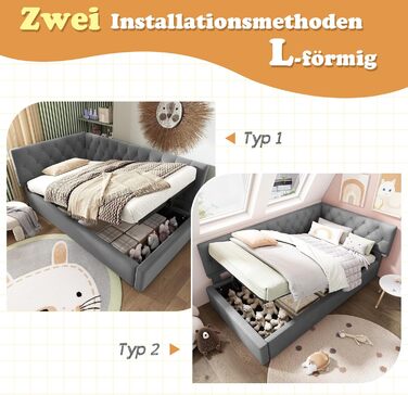 М&39яке ліжко, односпальне ліжко, дитяче ліжко 90x200 см, диван-ліжко/кушетка з гідравлічним відділенням для зберігання, кушетка/дитяче ліжко, каркас ліжка зі спинкою та рейковою основою з дерева, оксамит, без матраца (сірий)