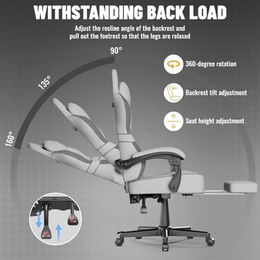Ігрове крісло Soontrans з масажною поперековою опорою, м&39яке ігрове крісло, ергономічне ігрове крісло з підставкою для ніг, бавовна, регульована спинка 90-160, ігрове крісло (біле), суміш бавовни та льону, білий