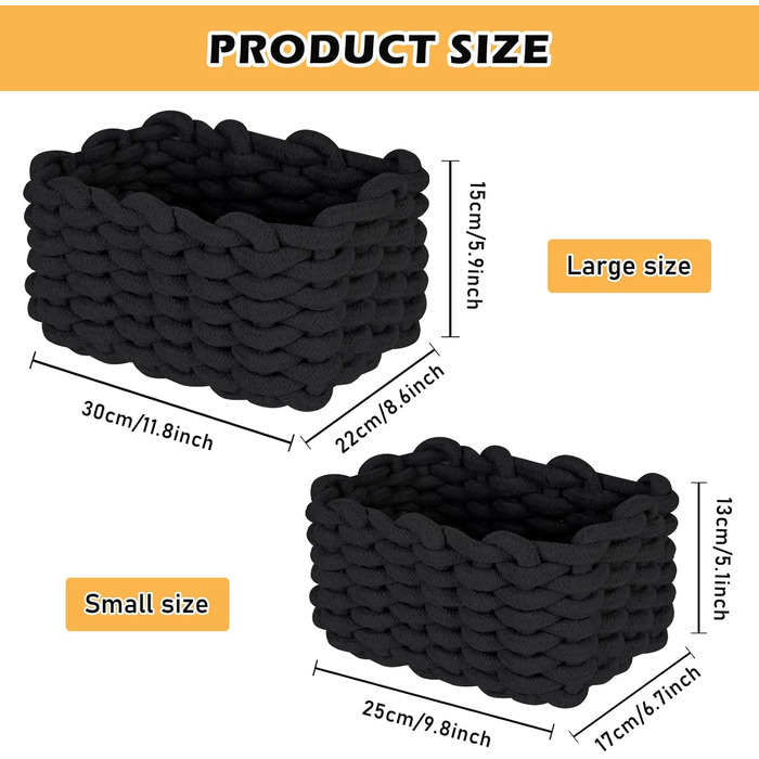 Бавовняні кошики для зберігання, Плетений бавовняний шнур, Кошики для зберігання, Органайзери, Кошики для зберігання для дитячої кімнати, вітальні, ванної кімнати, Розміри D27xH17 см D33xH22 см (Чорні), 2 шт.