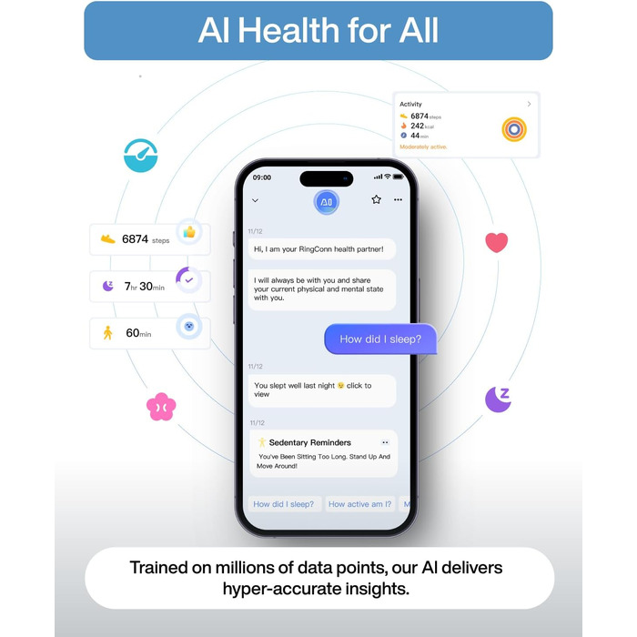 Надтонке смарт-кільце зі штучним інтелектом, 10-денний час роботи від батареї, трекер сну/стресу/серцевого ритму, смарт-кільця для чоловіків, водонепроникність IP68, сумісність з iOS та Android (Galaxy Silver, 8) 8 Silver, 2 Air