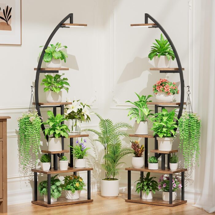 Підставка для рослин з лампою для вирощування - 7-ярусна підставка для квітів 165 см, металева дерев&39яна полиця для рослин - Квіткові драбини для приміщень та вулиці - Декоративна чорна квіткова полиця для внутрішнього саду, балкону, 2 шт.