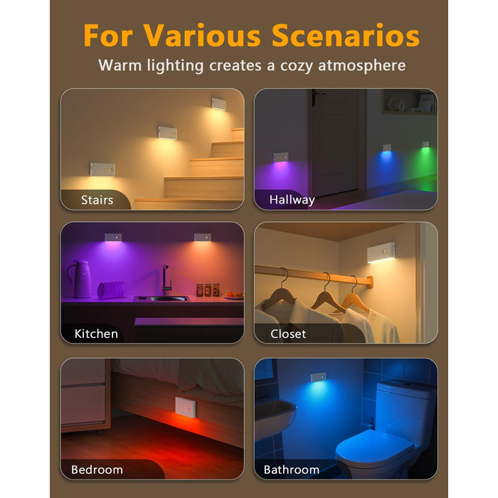 Нічник WILLED з датчиком руху, RGB та теплий білий, акумуляторний ліхтар для сходів з датчиком руху, світлодіодний нічник для дітей з 3 режимами, ліхтар з датчиком руху для сходів, коридору, спальні, кухні, ванної кімнати, білий, 4 шт.