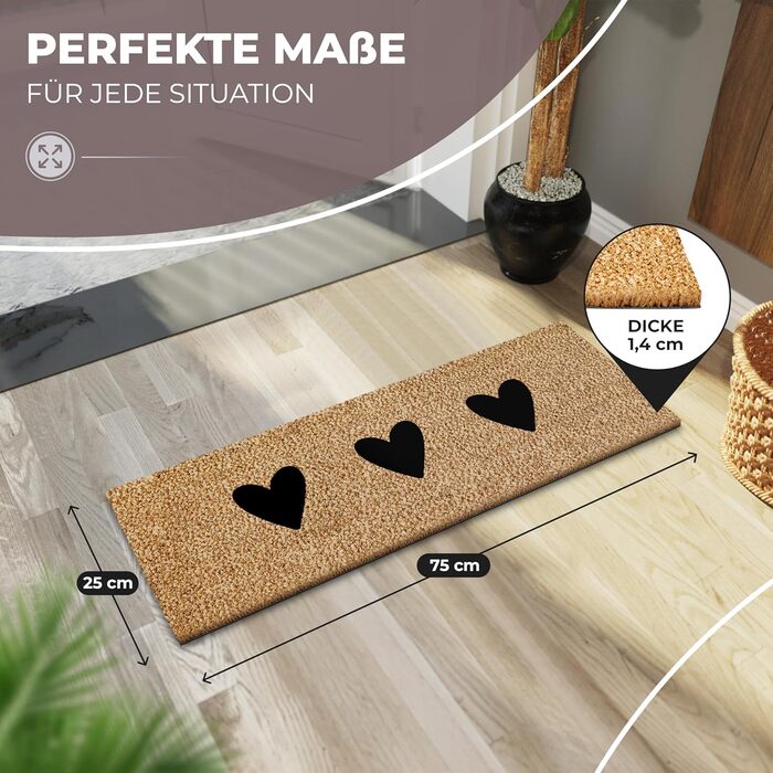 Кокосовий килимок для дверей 75x25 см з чорними сердечками Надзвичайно міцний та нековзний кокосовий килимок Для використання всередині та на вулиці Ідеально підходить як вузький пилозбірник та килимок для входу 3 сердечка, чорний, 75 x 25 см