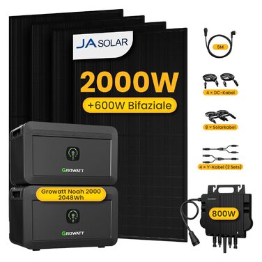 Балконна електростанція потужністю 2000 Вт з накопичувачем 4096 Втгод, Growatt NOAH 20002 з NEO 800 Вт, 4 повністю чорні двосторонні сонячні модулі 500 Вт, повний комплект аксесуарів, plug & play (0 ПДВ) без монтажного кронштейна