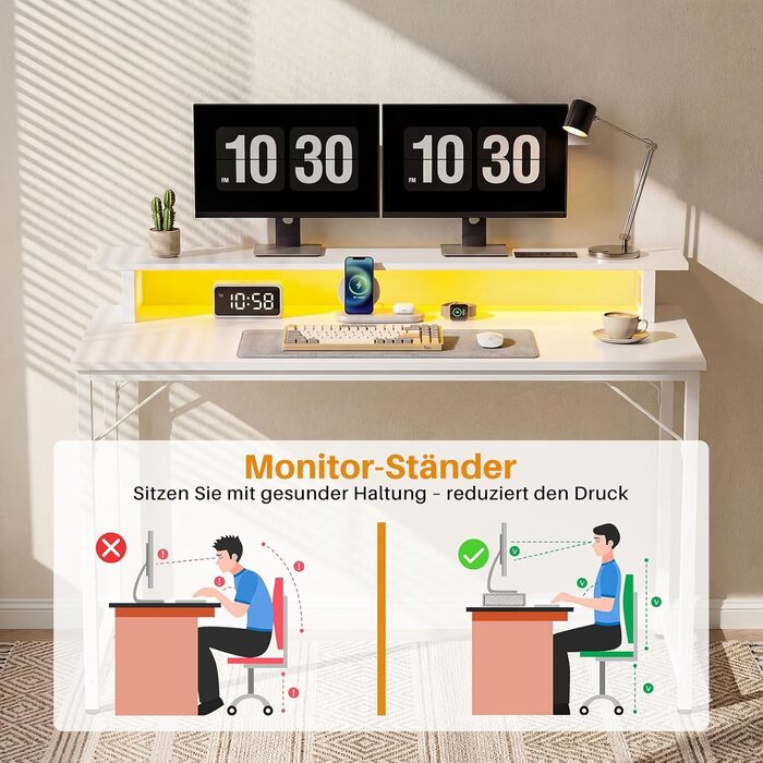 Комп&39ютерний стіл, ігровий стіл 120x50 см з RGB LED-підсвічуванням, стіл з розеткою, комп&39ютерний стіл з підставкою для монітора, маленький стіл для невеликих приміщень, кабінет, спальня, офіс, білий, 120 см