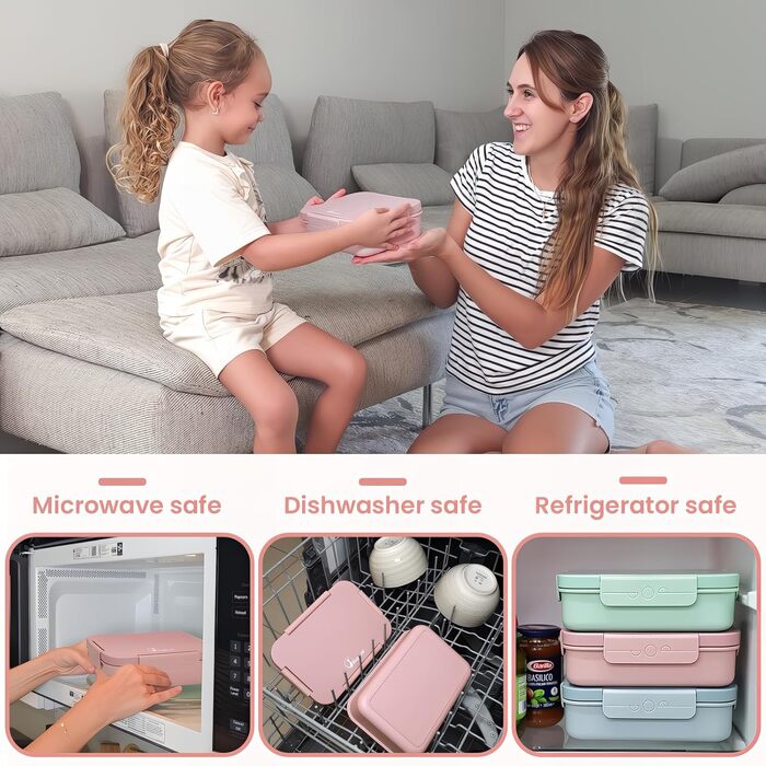 Ланчбокс Bugucat з роздільниками 1300 мл, дитячий контейнер для їжі, що не протікає, з 4 відділеннями. Бенто-бокс для дітей та дорослих, коробка для сніданку для хлопчиків та дівчаток, рожевий.