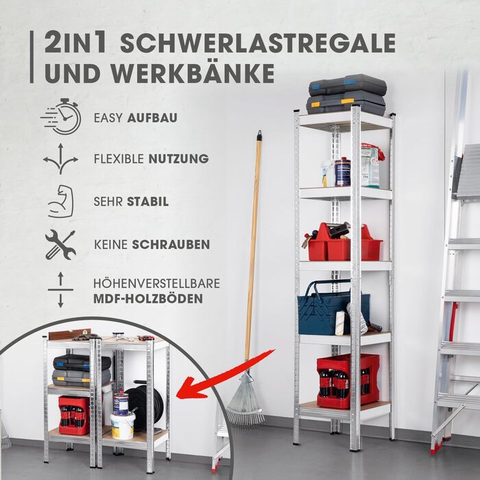 Міцний стелаж EASYmaxx 40x40x180 см Вантажопідйомність 875 кг, 175 кг на полицю Стелажі та верстак Підвальний стелаж, стелаж для зберігання з 5 регульованими полицями Для підвалу, гаража, кімнати для хобі, майстерні (40 x 40 x 180 см)