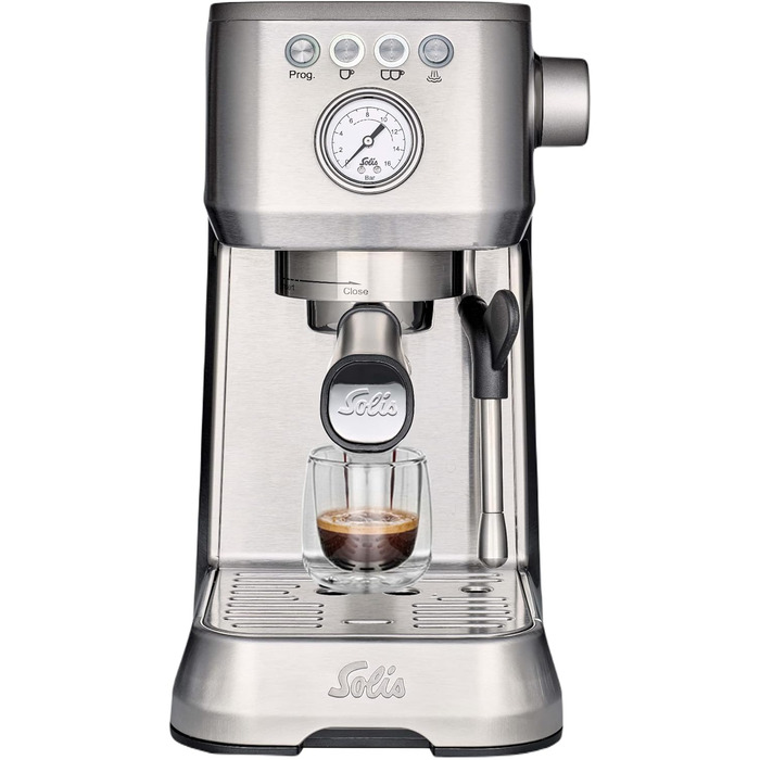 Еспресо-машина Solis Barista Perfetta Plus V2, напівавтоматична кавоварка з піноутворювачем молока, програмована кавоварка зі знімним резервуаром для води, функцією гарячої води та пари, срібло