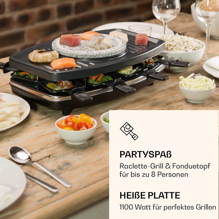 В-1 Раклет Фондю Комбі та гриль, Набір для фондю з раклету 1100 Вт з кам'яною тарілкою, Електричний раклет-гриль для фондю на 8 персон без підставки Pan Coaster Чорний-сріблястий, 3-