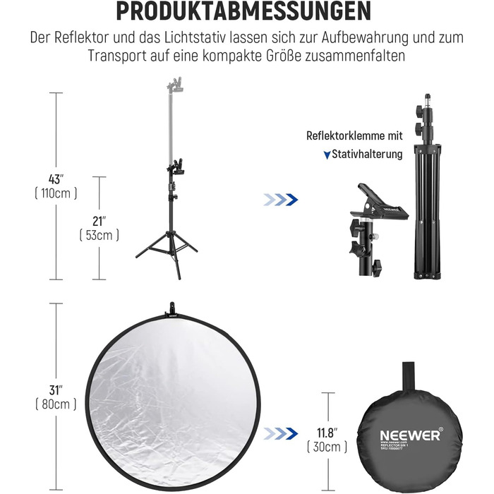 Комплект світловідбивачів NEEWER 32'/80 см, розбірний круглий рефлектор 5 в 1 (напівпрозорий/сріблястий/золотий/білий/чорний), металева кліпса та короткий штатив 21'-43'/53-110 см для дитячої студійної фотографії під низьким кутом