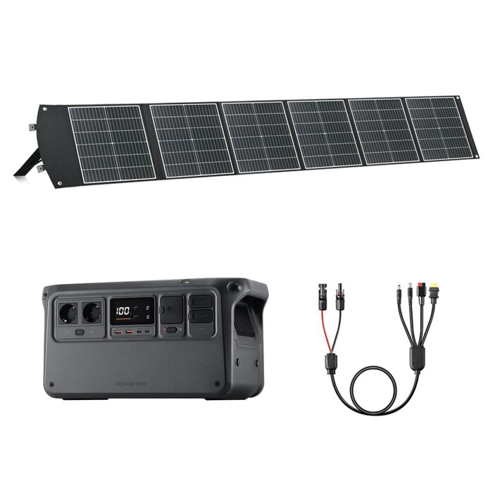 Адаптер MPPT не входить до комплекту) Портативна електростанція DJI Power 1000, сонячний генератор потужністю 1024 Втгод з 1 складною сонячною панеллю 200 Вт, для кемпінгу/кемперів, швидка зарядка 70 хв, безперервна потужність 2200 Вт (1000 200 Вт)