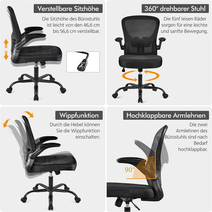 Офісне крісло Yaheetech з відкидними підлокітниками, робоче крісло з регульованою поперековою опорою, обертове крісло з сітки, ергономічне офісне крісло, функція гойдання, регульована висота, чорний колір