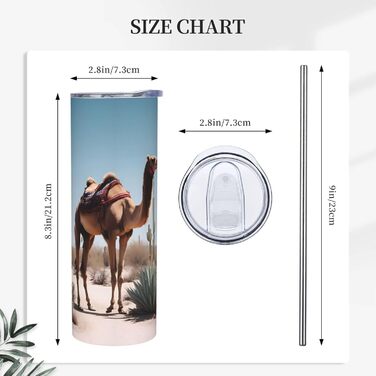 Кухоль з прямою трубочкою, 590 мл, пустельний мотив, милий верблюд, принт, дорожній кухоль, підходить для кемпінгу, офісу та дому