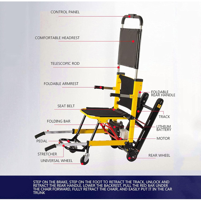 Електричне крісло-сходо, складне крісло колісне, транспортне складне крісло-сход для підйому та підйому, крісло для допомоги по сходах для транспортування пацієнтів похилого віку та інвалідів та вантажів, вантажопідйомність 330 фунтів