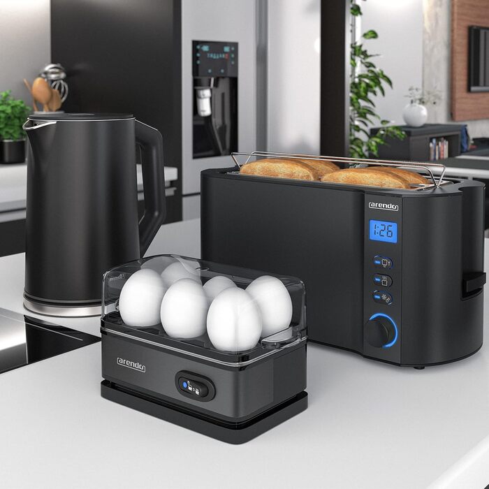 Чайник з тостером SET і яйцеваркою, нержавіюча сталь Чорний чайник 1,5 л 40 - 100C Тостер 4 скибочки LED-дисплей 6 ступенів підрум'янювання Яйцеварка 1-6 яєць Мірна чашка без BPA без B Чорний