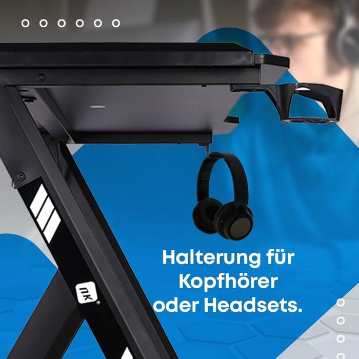 Ігровий стіл NK зі світлодіодним освітленням (120x60 см) - з тримачем для напоїв та пляшок, тримачем для навушників, органайзером для кабелів, стільниця товщиною 1,5 см (максимальне навантаження 100 кг), білий колір