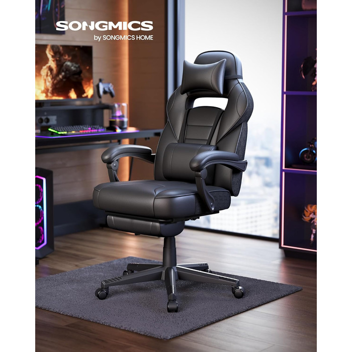 Ігрове крісло SONGMICS, офісне крісло з підставкою для ніг, робоче крісло з підголівником та поперековою опорою, регульована висота, ергономічне, вантажопідйомність до 150 кг, чорний колір OBG073B05 Колір чорнила чорний