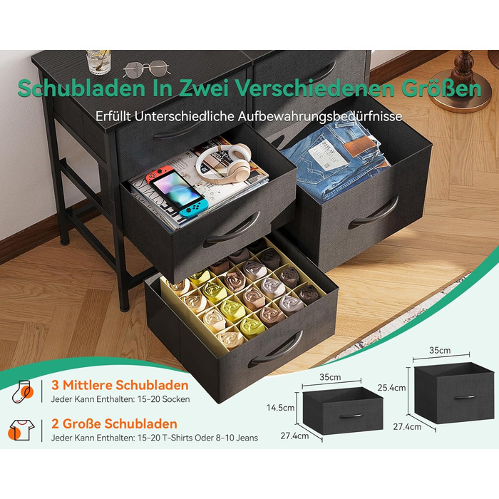 Комод Coleshome з 5 тканинними шухлядами, комод з 2 великими та 3 малими шухлядами, дерев&39яна стільниця, міцний сталевий каркас, підходить для спальні та вітальні, 76 x 29 x 60 см, чорний