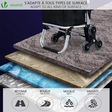 Алюмінієвий візок для покупок зі сходами, складаний, з гачком-поршнем, 6 коліс та термосумкою, водонепроникний, 58л, Чорний