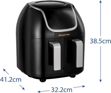 Двокамерна фритюрниця Russell Hobbs 2 відділення кожне 4,25 л, можна використовувати лише окремо, загальний об'єм 8,5 л Технологія швидкої фритюрниці (8 програм, можна мити в посудомийній машині, сенсорний екран) Аерофритюрниця 27290-56S