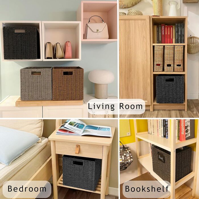 Кошик для зберігання, складний кошик, плетений з паперу водяного гіацинта, полиця-кошик Kallax куб 28 см, декоративний плетений кошик ручної роботи для ванної кімнати, вітальні, спальні, 28x28x28 см, чорний