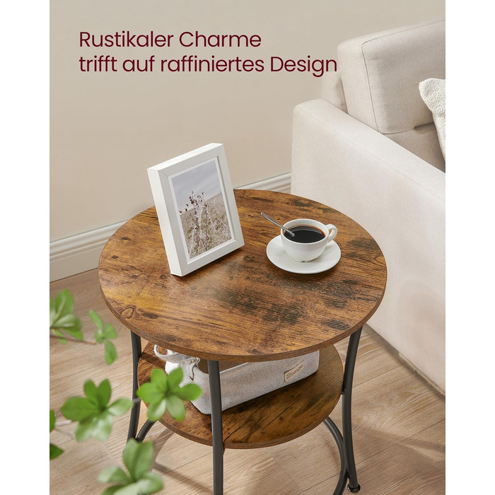 Круглий бічний столик VASAGLE, 2-ярусний журнальний столик, консольний столик, сталевий каркас, для невеликих приміщень, вітальні, спальні, вінтажний коричневий-чорний LET56BX Вінтажний коричневий чорнильний без подовжувача