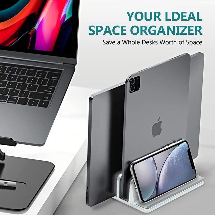 Вертикальна підставка для ноутбука з металу, подвійне регулювання, 4 слоти, для MacBook, HP, Chromebook до 17.5 дюймів (44.5 см) срібляста