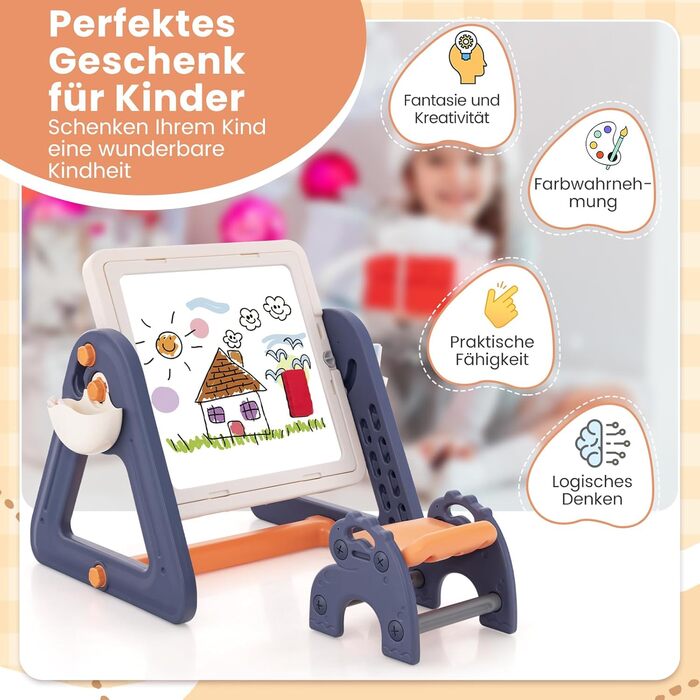 Дитячий столик GOPLUS зі стільцем, дитячий мольберт з двосторонньою стільницею та дошкою, 2 коробки для зберігання, 160 будівельних блоків, ігровий столик, робочий стіл для дітей від 3 років