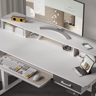 Електричний стіл з регульованою висотою та підставкою для клавіатури, 140x60 см, з 2 шухлядами, комп&39ютерний стіл з підставкою для монітора для домашнього офісу, білий, 140 x 60 см з підставкою для клавіатури