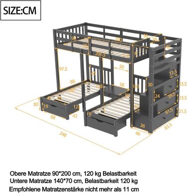 Двоярусне ліжко Billg 200x90 см для 3 дітей, дитяче ліжко із захистом від падіння, ліжко-горище з висувними ящиками, тумбочками і
