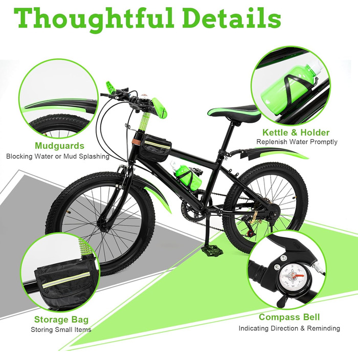 Дюймовий дитячий гірський велосипед, 7 швидкостей, для хлопчиків та дівчаток, подвійні дискові гальма, міський велосипед з вуглецевої сталі, підходить для дітей зростом 130-150 см, зелений, 20-