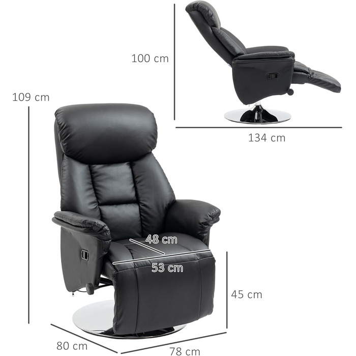 Крісло для телевізора HOMCOM з функцією відкидання, обертове крісло для телевізора з регульованою спинкою, м&39яке крісло-реклайнер, витримує вагу до 150 кг, штучна шкіра, для вітальні, чорний колір