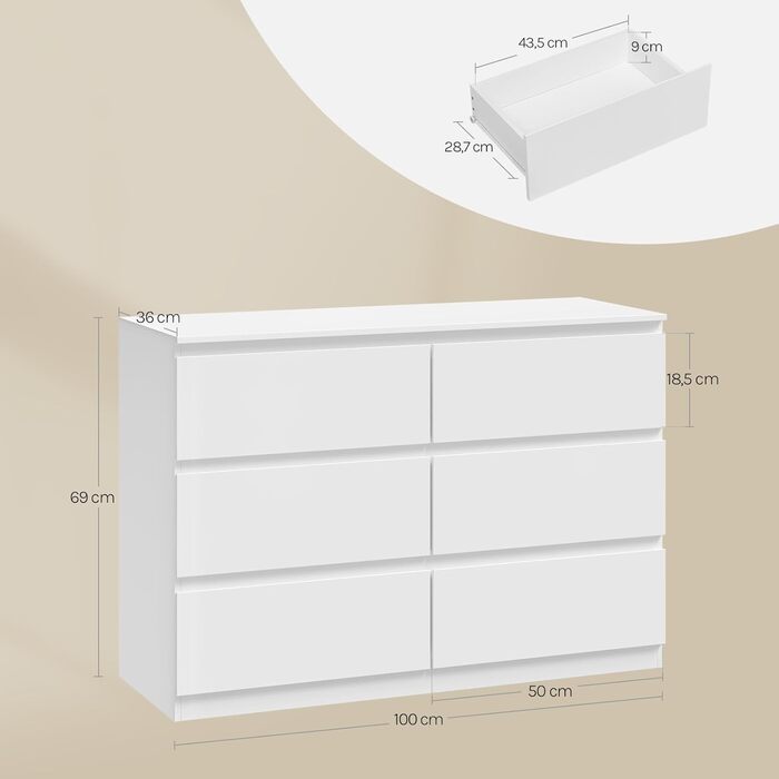 Комод WOLTU з 6 шухлядами, сучасний комод для вітальні, спальні або коридору, виготовлений з інженерної деревини, 100x69x36 см, білий, KMD007ws