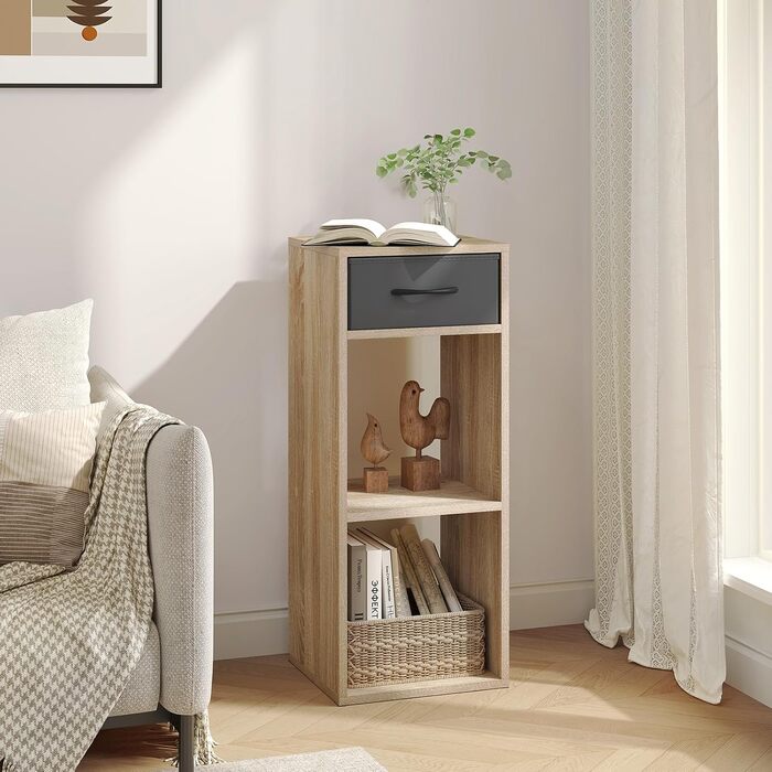 Книжкова полиця WOLTU на 3 рівні, окремостояча полиця з 1 шухлядою для тканини та 2 кубами, відкрита полиця, невелика полиця для зберігання, для вітальні, спальні, дитячої кімнати, 32,4 x 80 x 30 см, світлий дуб, SK055hei