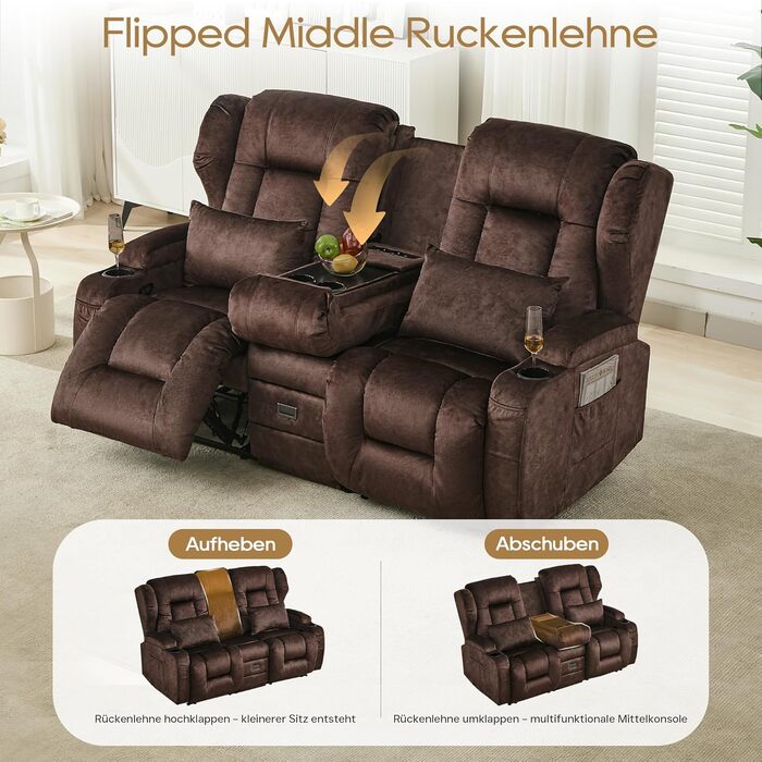 Місний розкладний крісло-реклайнер з функцією відкидання спинки та підставкою для ніг, двомісне крісло для телевізора з консоллю, подвійне кінокрісло з ручним регулюванням вагою до 360 кг (розкладна центральна консоль, коричнева оксамитова тканина) Коричн