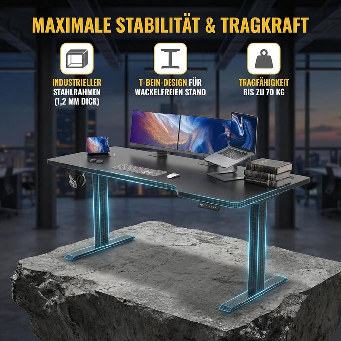 Стіл з регульованою висотою 180 x 85 см L-подібний стіл Регульований по висоті електричний, ергономічний ігровий стіл з гачками (чорний) Чорний 180 x 85 см